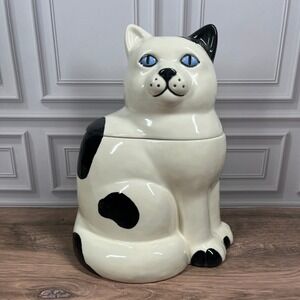 VTG 1986 Handmade Cat Cookie Jar Kitchen Canister White Black Blue Eyes